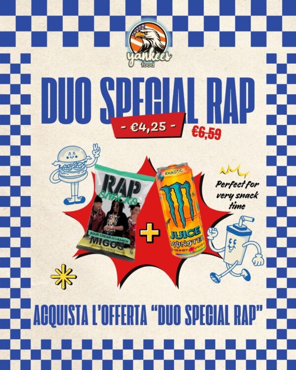 Offerta Duo Special Rap: Monster Khaotic 500ml + Rap Snacks Migos gusto Panna Acida 71gr