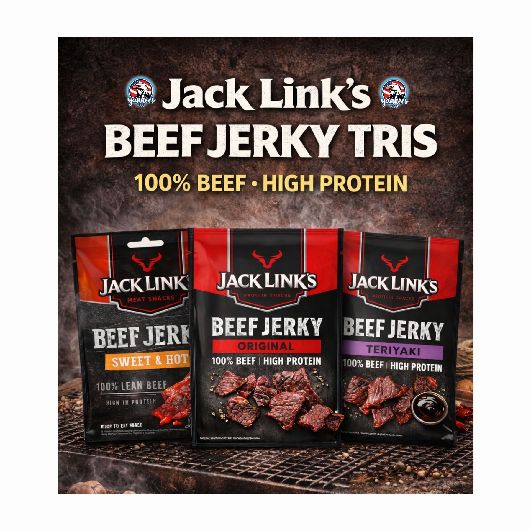 Jack Link's Beef Jerky Tris - Tris di 3 Snack di Carne Essiccata ad Alto Contenuto Proteico - 75gr
