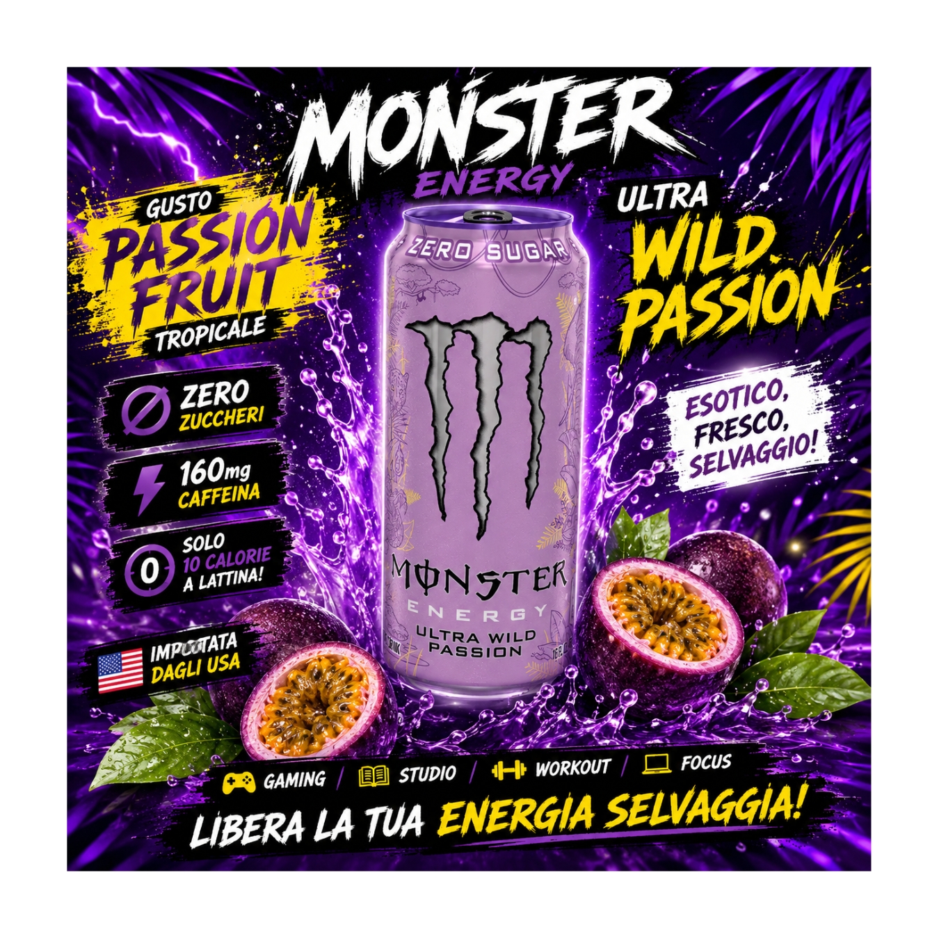 Monster Ultra Wild Passion USA 473ml β Energy Drink Zero Zuccheri al Frutto della Passione πΊπΈβ‘