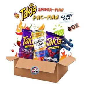 Box Takis SpiderMan +Candy Can Pac-Man 🕷️🔥 – Takis Fuego + Blue Heat + Candy Can Orange